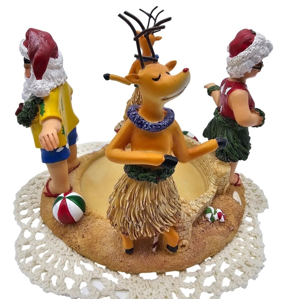 Tropical Santa Mrs Claus Reindeer Hula Christmas Beach Resin Candle Holder 6.5"
